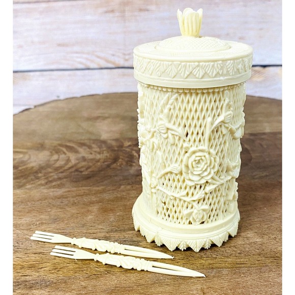 Vtg Hors D'oeuvres Cocktail Forks w/ Ornate Lattice Rose Celluloid Container - Picture 1 of 8